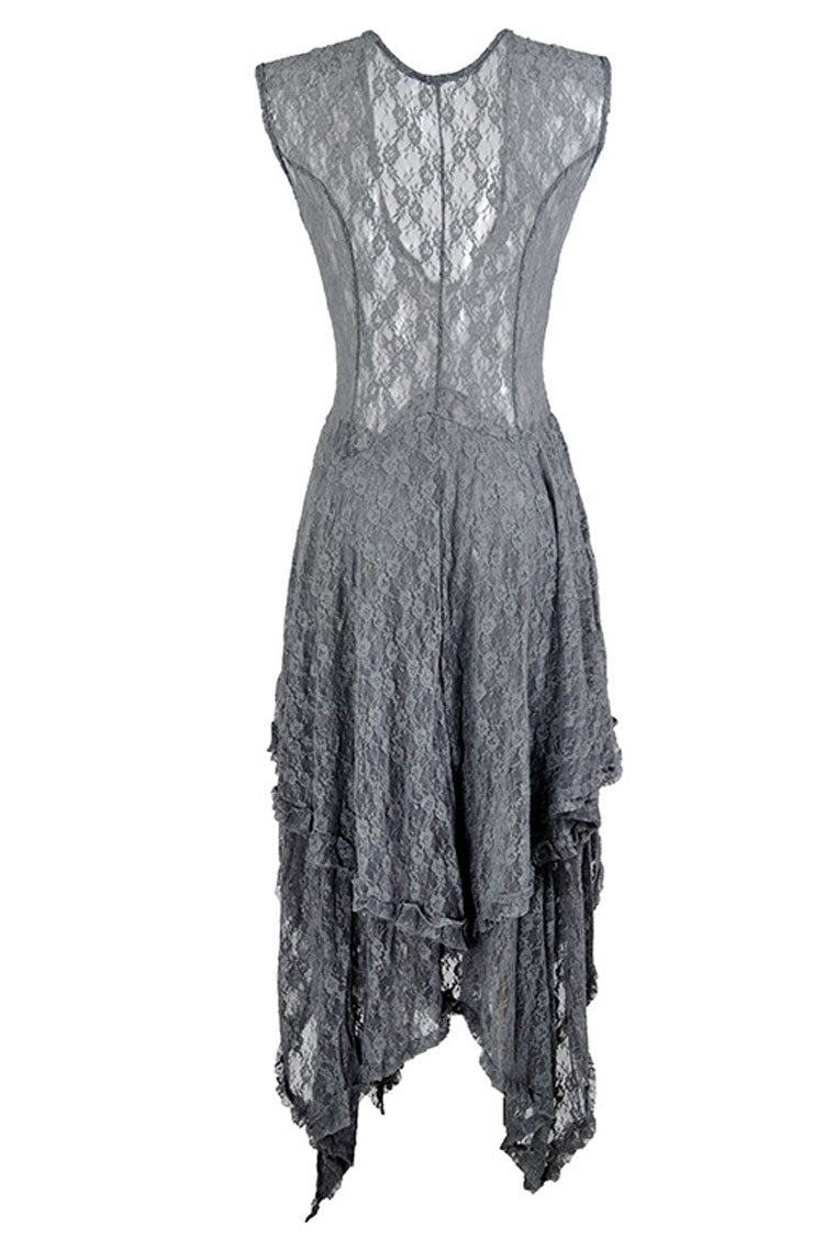Asymmetric Tiered Ruffle Sleeveless Maxi Lace Dress - Gray - View 4