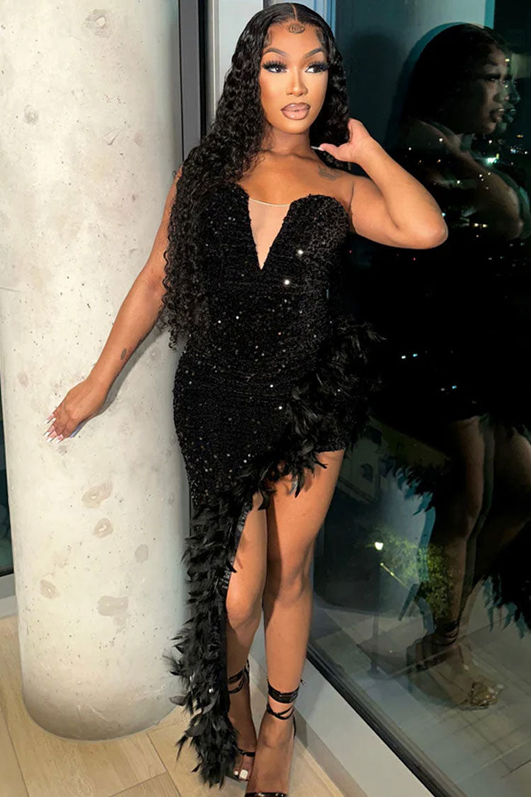 Sequin Strapless Feather Trim Asymmetrical High Low Bodycon Mini Dress
