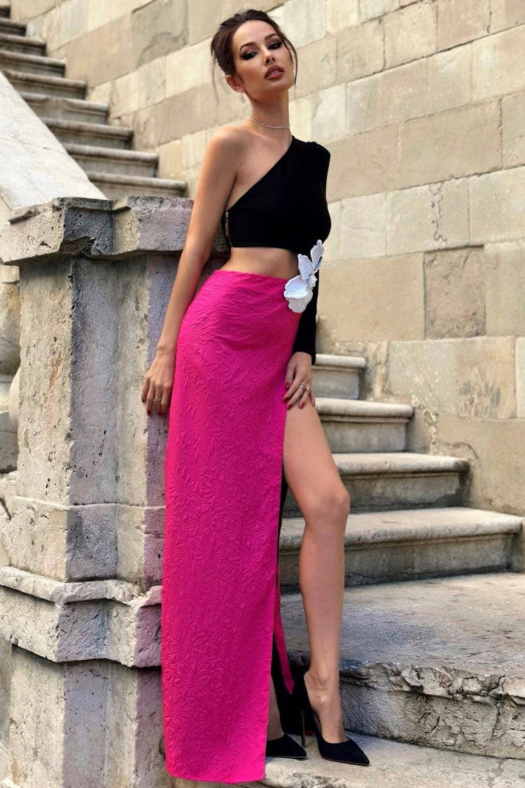 One Shoulder Long Sleeve Flower Applique High Split Maxi Gown - View 2