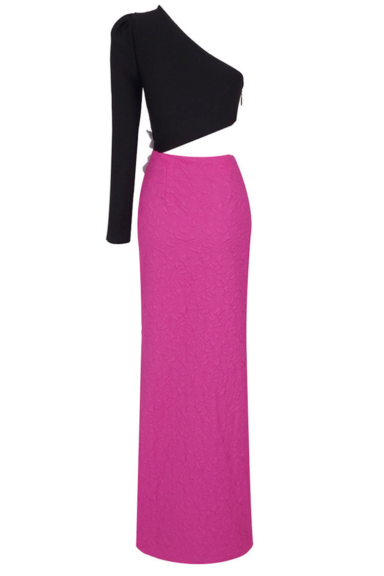 One Shoulder Long Sleeve Flower Applique High Split Maxi Gown - View 6