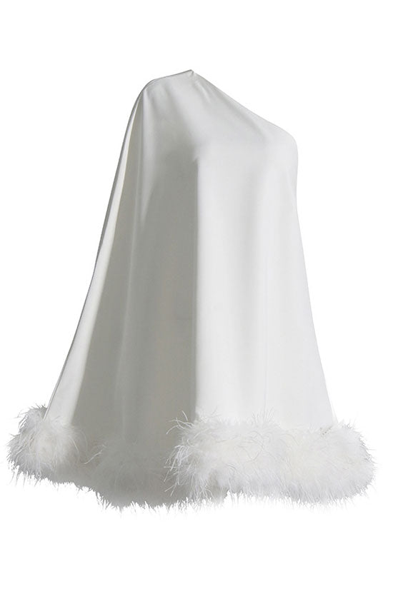 Asymmetrical One Shoulder Feather Trim A Line Party Mini Dress - White - View 6