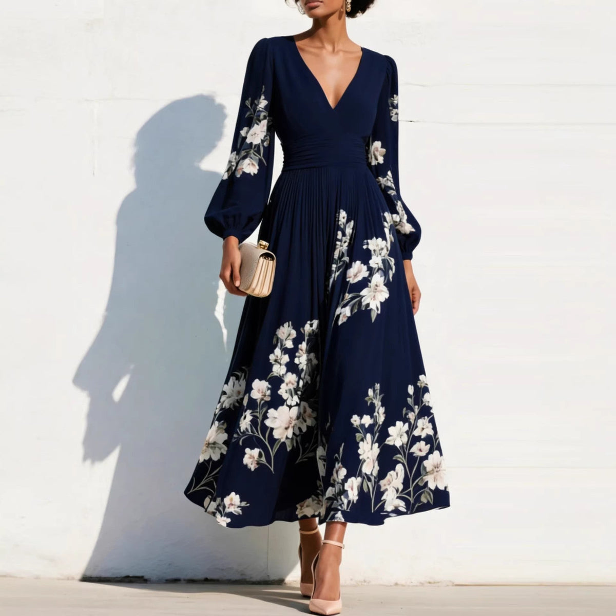 Floral Print Deep V-Neck Long Sleeve Pleated Maxi Dress 7