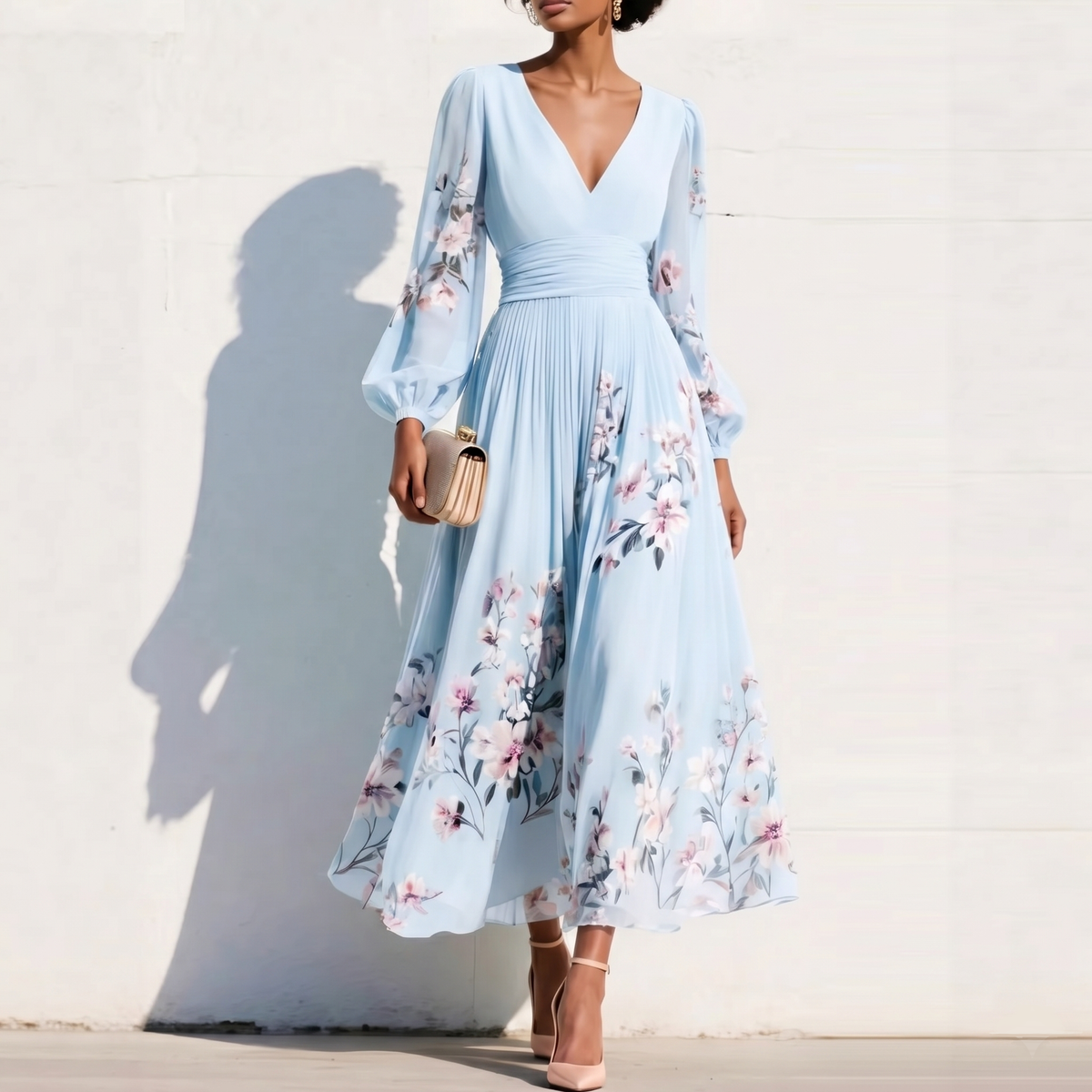 Floral Print Deep V-Neck Long Sleeve Pleated Maxi Dress 2