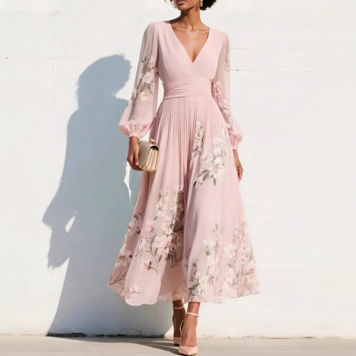 Floral Print Deep V-Neck Long Sleeve Pleated Maxi Dress 6