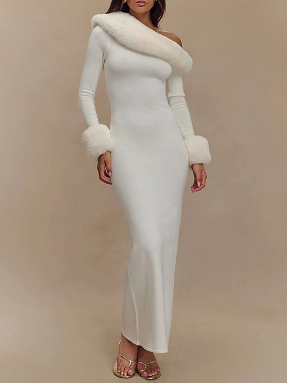 Rib Knit One Shoulder Faux Fur Trim Cuff Bodycon Maxi Gown