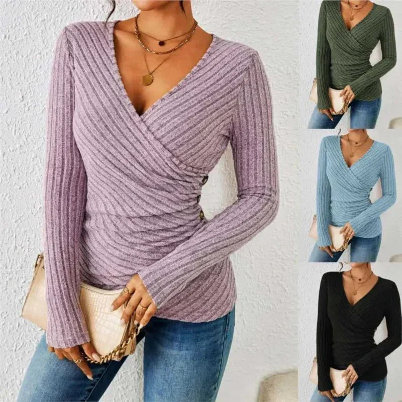 Ribbed Knit Surplice V-Neck Long Sleeve Wrap Top 8