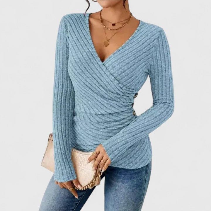 Ribbed Knit Surplice V-Neck Long Sleeve Wrap Top 5