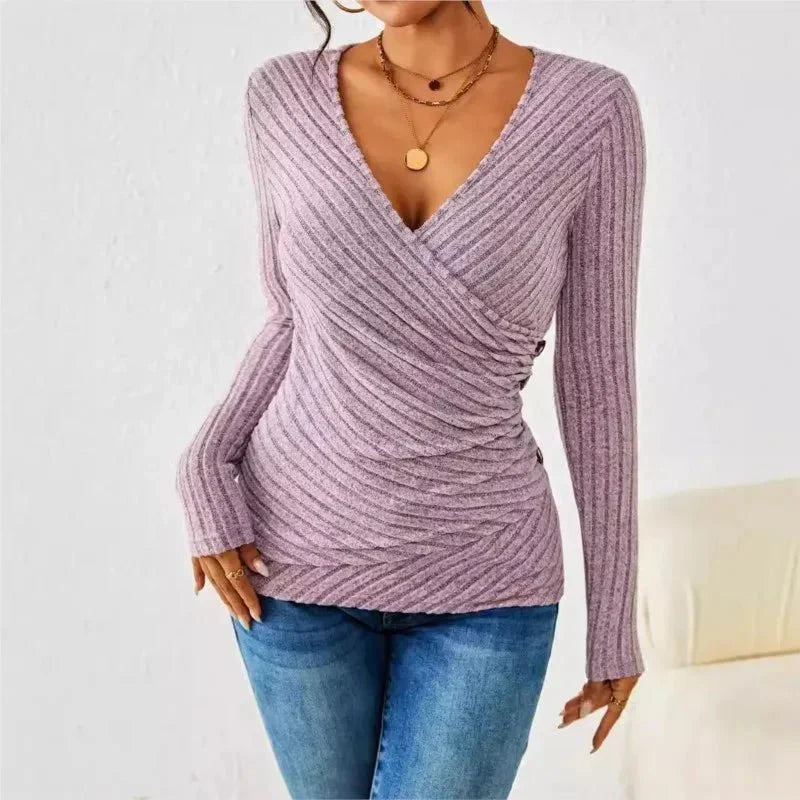 Ribbed Knit Surplice V-Neck Long Sleeve Wrap Top 6