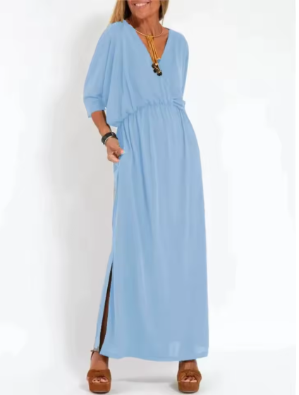 V-Neck Batwing Sleeve Elastic Waist Pocket Maxi Dress 9