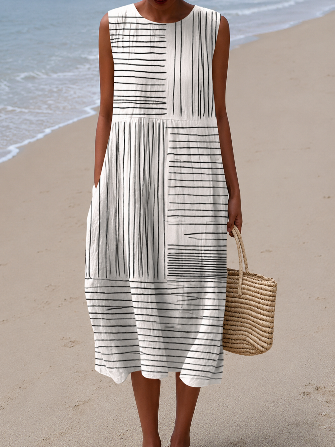 Abstract Stripe Round Neck Sleeveless Midi Dress 2