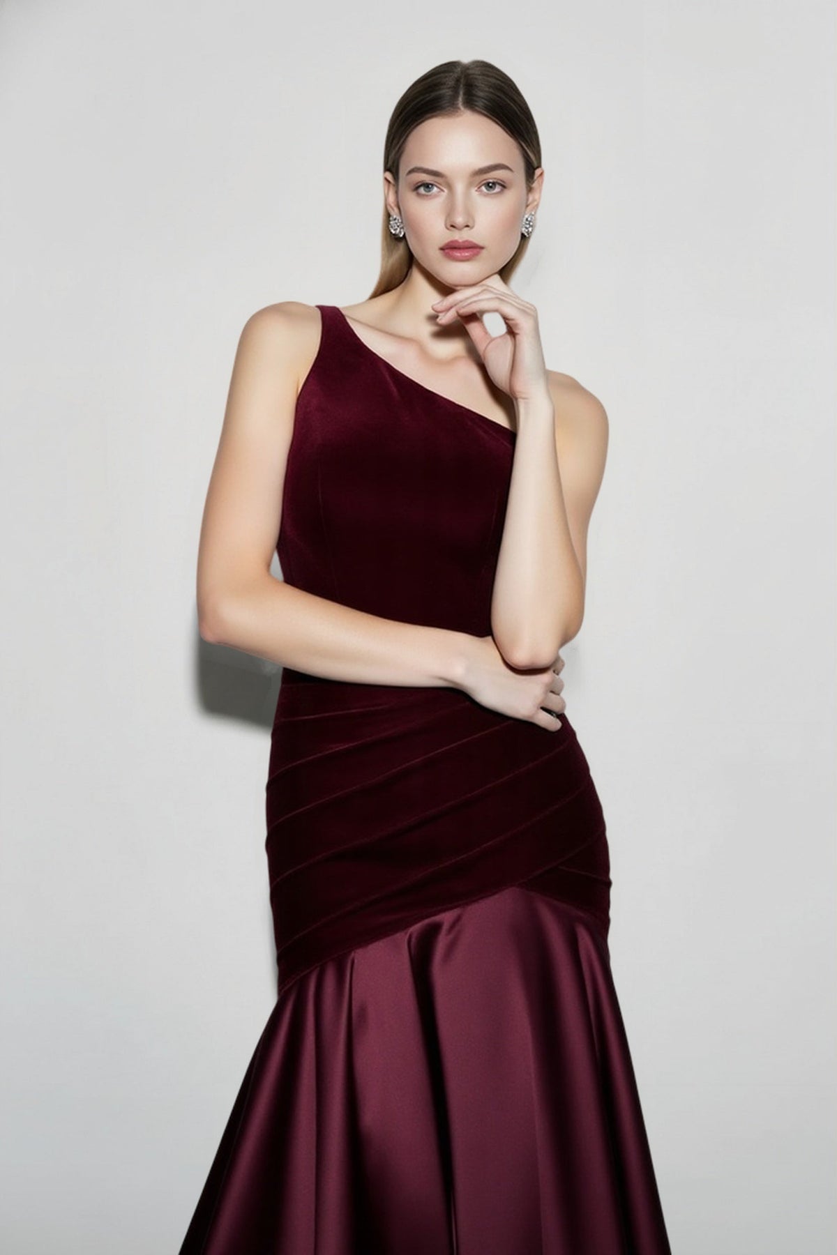 One Shoulder Ruched Velvet Satin Mermaid Gown 2