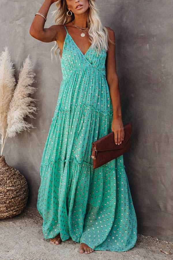 Metallic Dot V-Neck Spaghetti Strap Tiered Maxi Dress