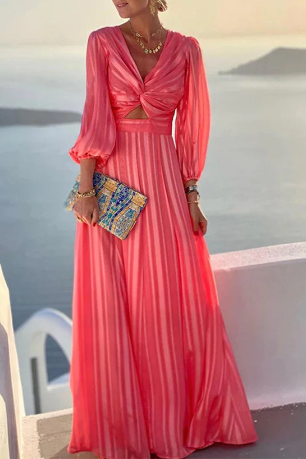 Striped Satin Deep V-Neck Bust Knot Cut Out Balloon Sleeve Maxi Dress - View 2