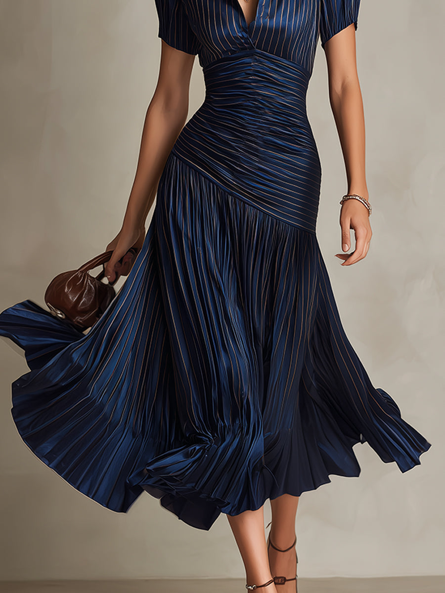 Striped Satin Collared Short Sleeve Ruched Pleated Fishtail Midi Dress 11