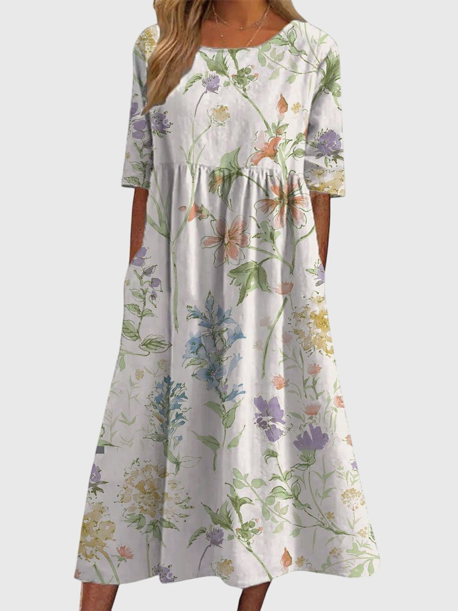 Floral Print Round Neck Short Sleeve Pocket Midi Dress 4