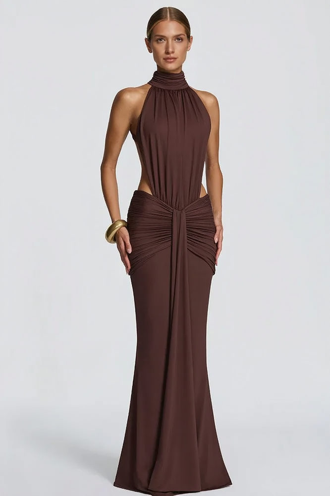 Halter Neck Backless Cut Out Ruched Mermaid Gown - View 3