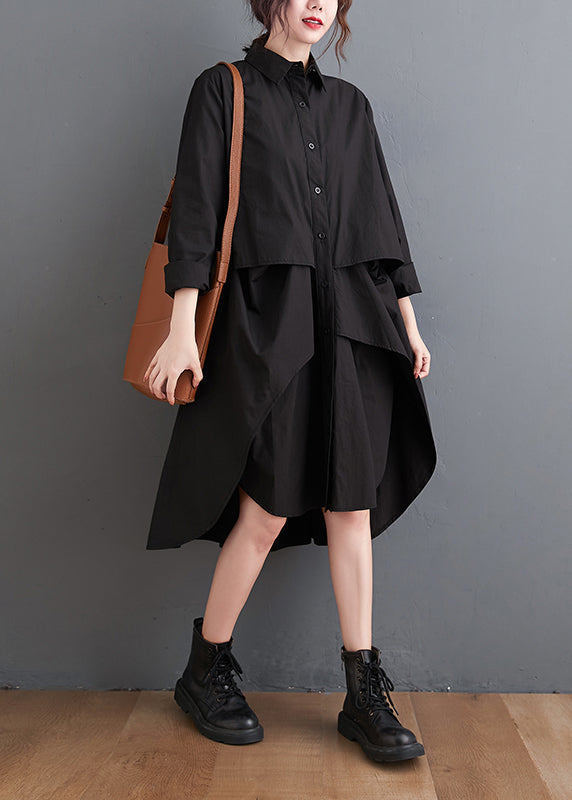Button Front Long Sleeve Oversized Asymmetric High Low Shirt Dress - View 2