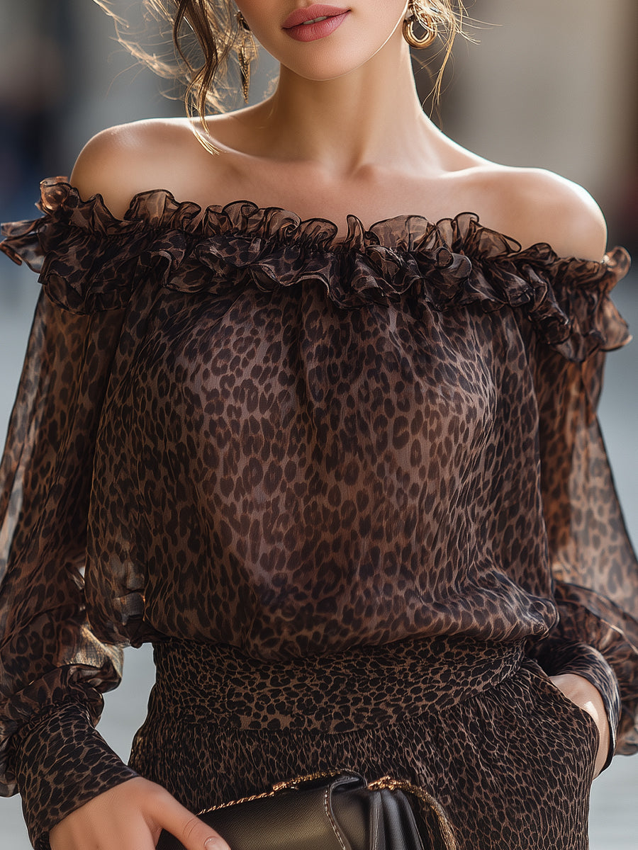 Leopard Print Off Shoulder Ruffle Long Sleeve Blouse 3
