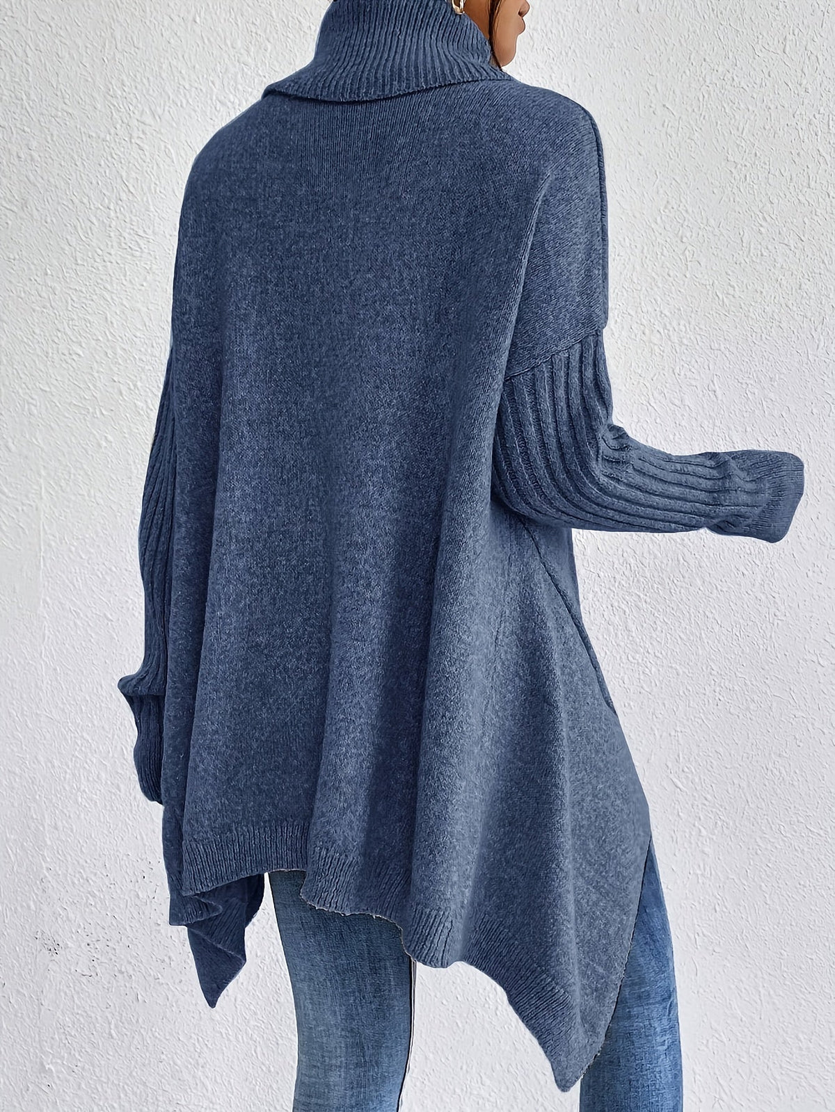 Turtleneck Drop Shoulder High Low Split Hem Oversized Sweater 26