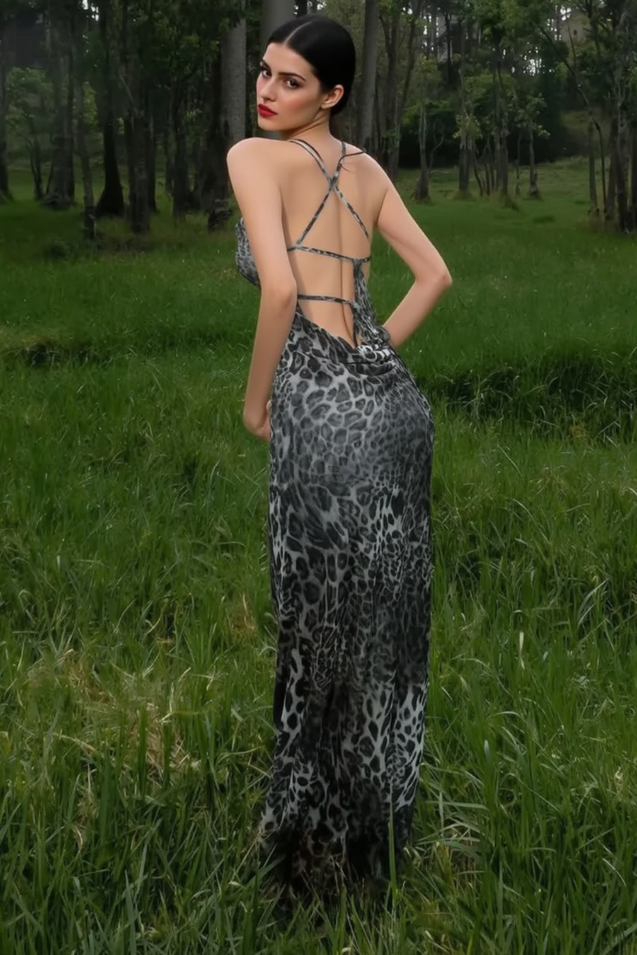 Leopard Backless Cocktail Slip Dress