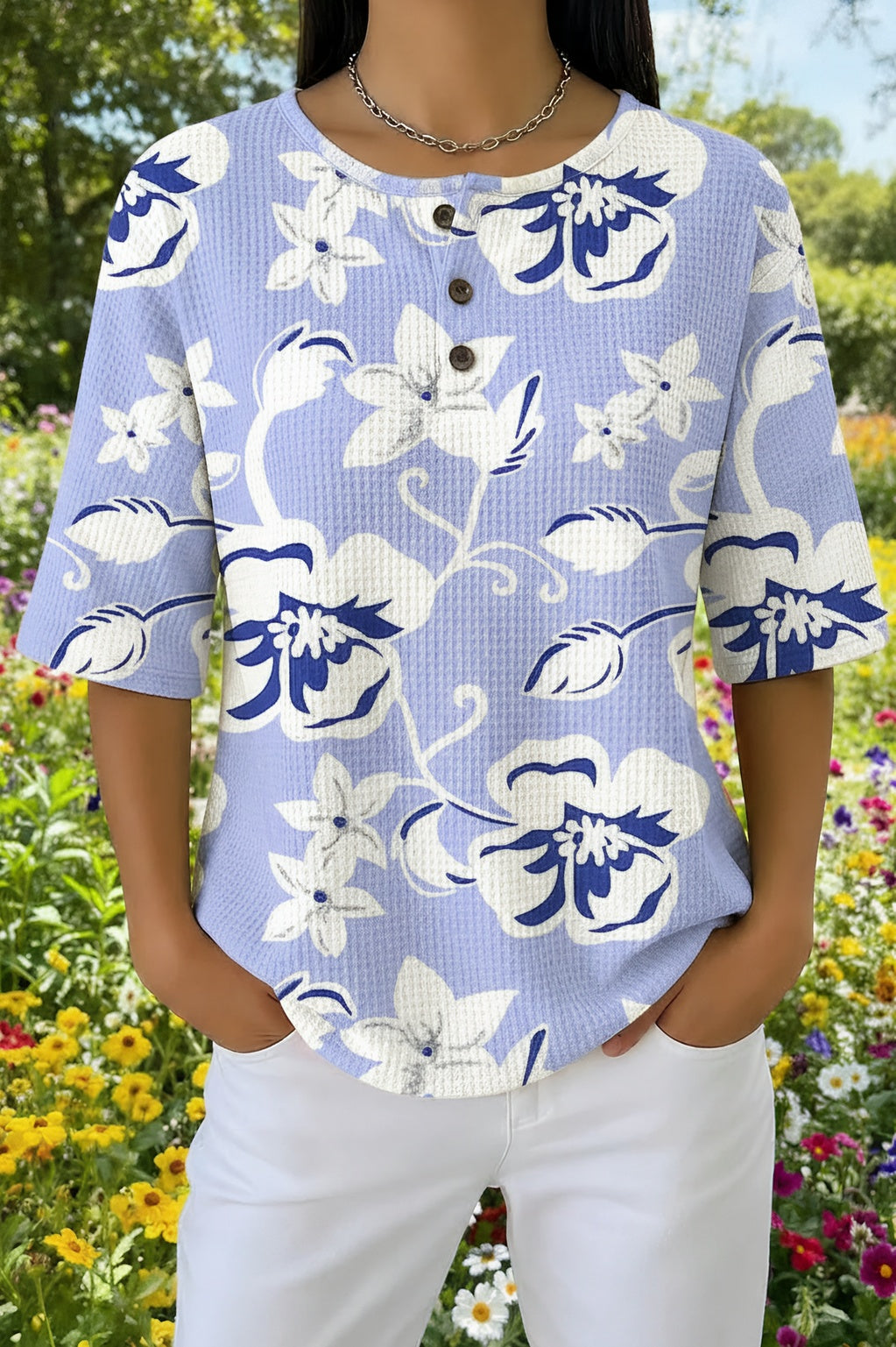 Tropical Floral Print Waffle Knit Short Sleeve Henley Top