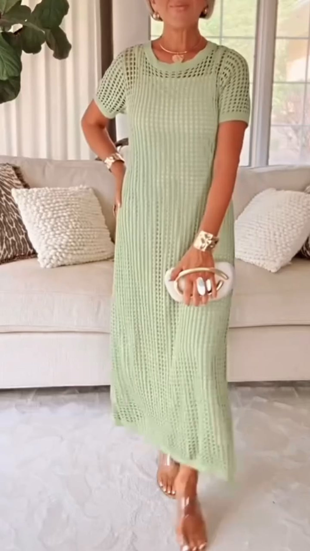 Crochet Hollow Out Short Sleeve Knit Maxi Cover Up Dress 3