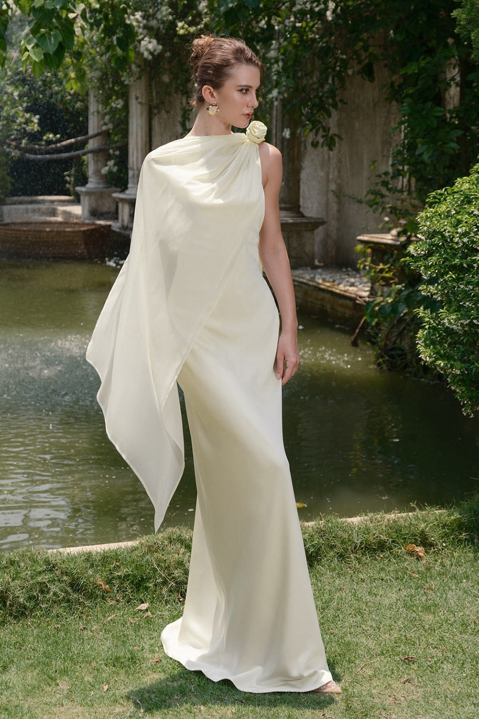 Satin Cowl Neck Spaghetti Strap Draped Rose Neck Wrap Column Gown - View 2