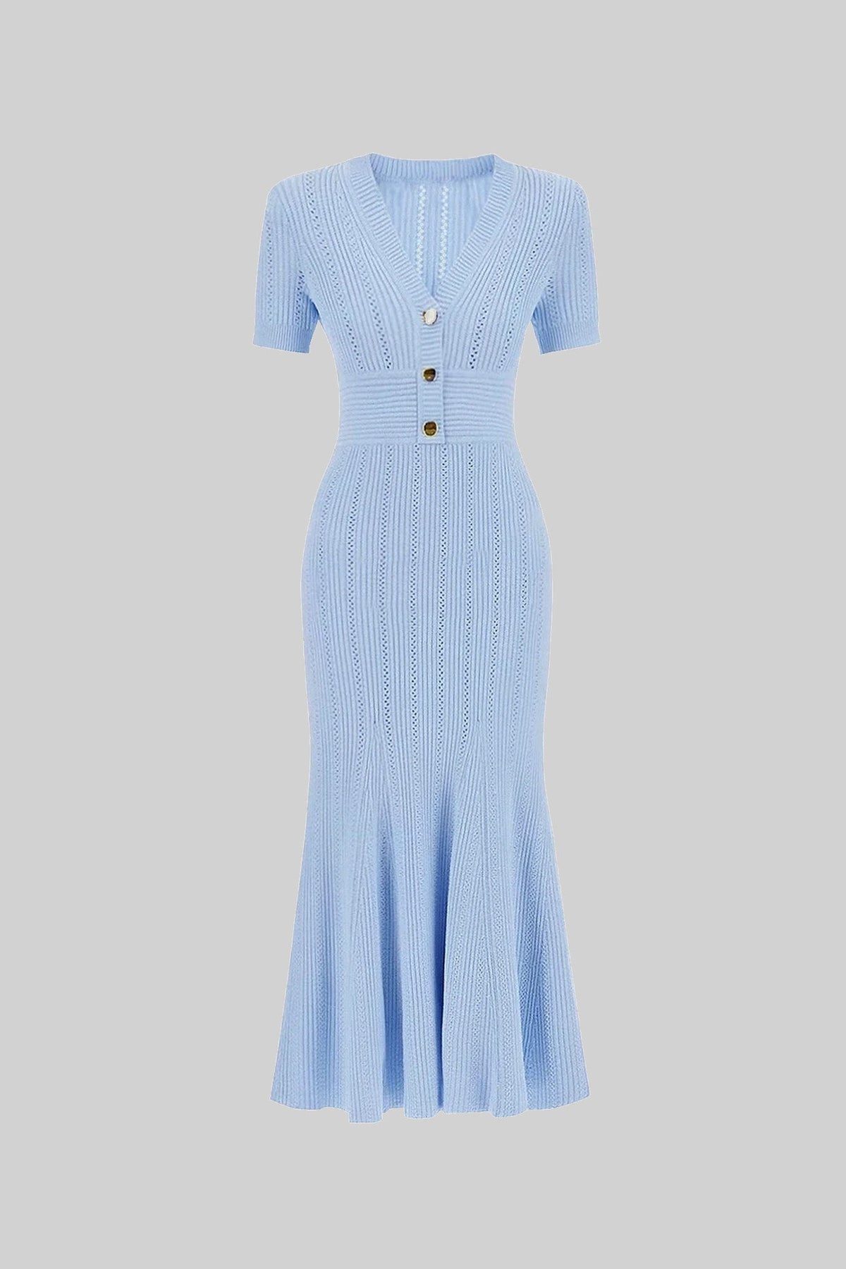 Ribbed Pointelle Deep V-Neck Short Sleeve Button Front Midi Dress - View 2