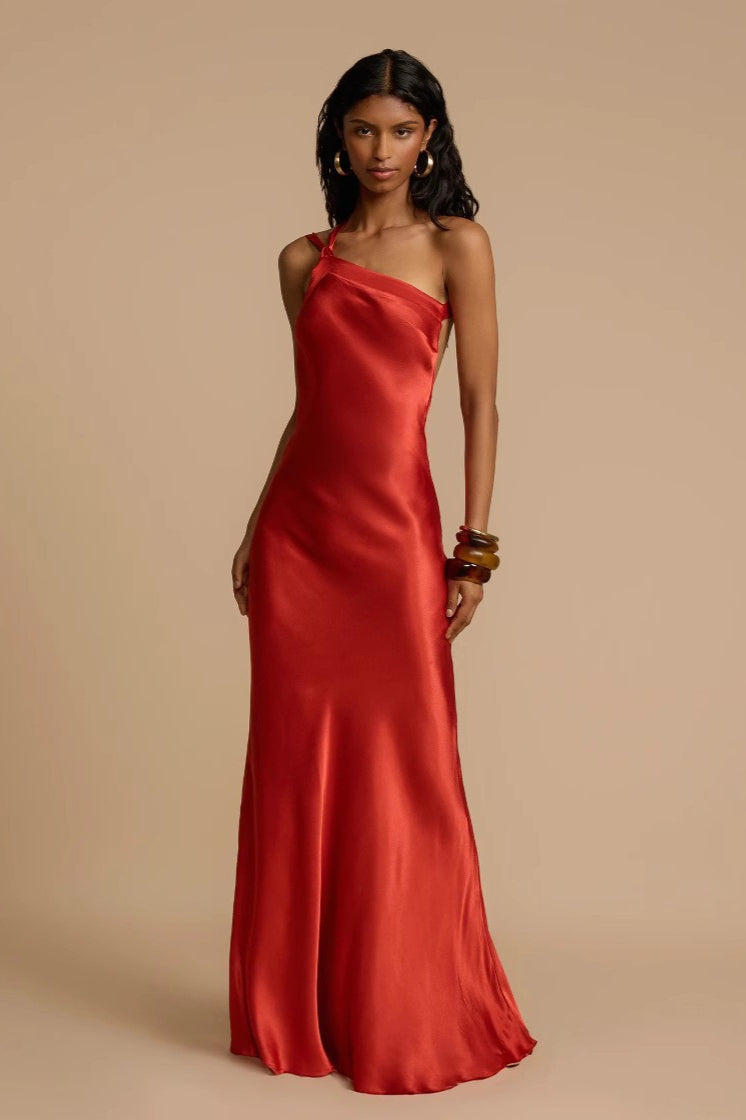 Satin One Shoulder Twisted Strap Mermaid Maxi Gown - View 5