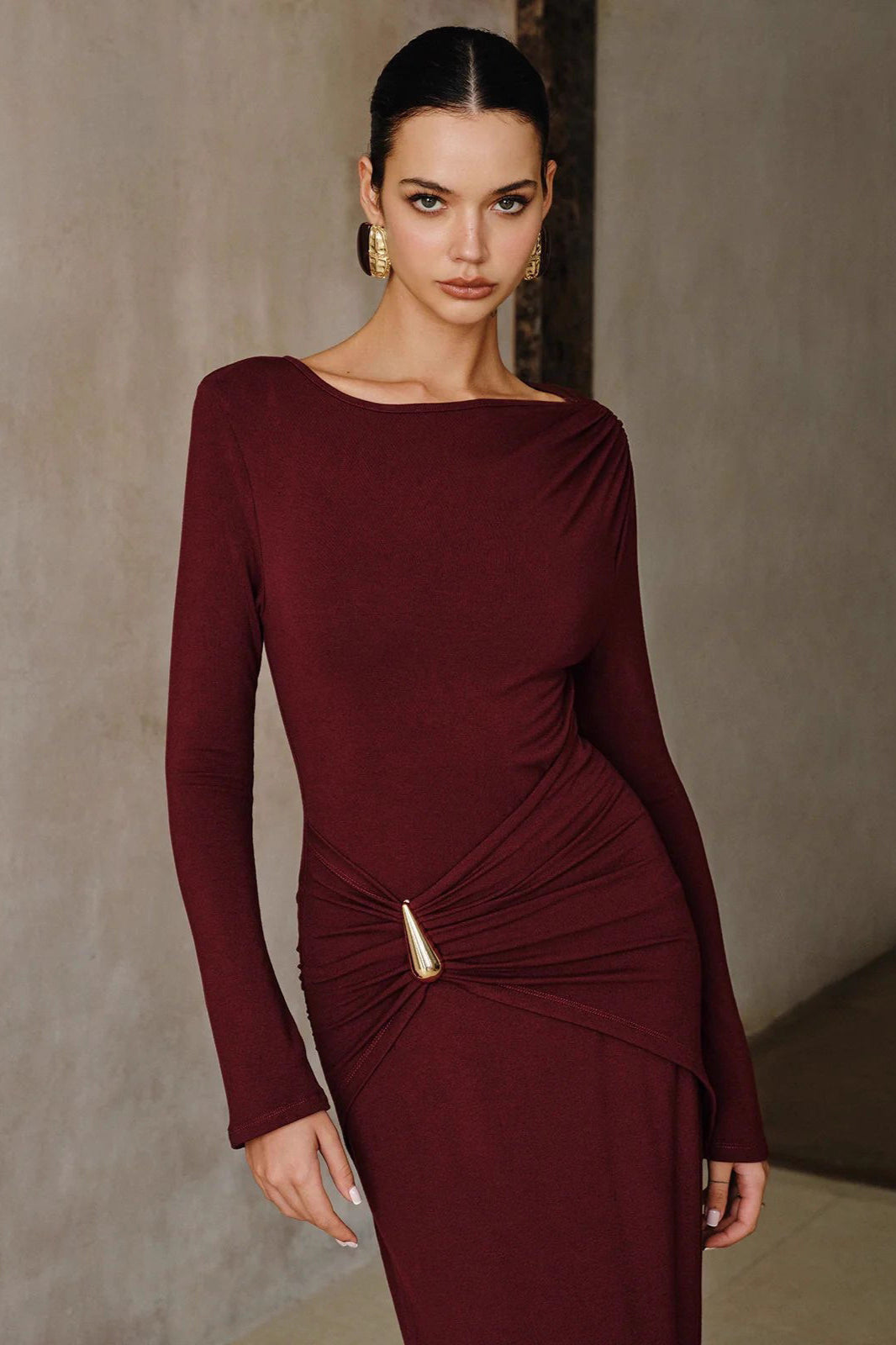 Boat Neck Long Sleeve Ruched Metallic Trim Bodycon Midi Dress