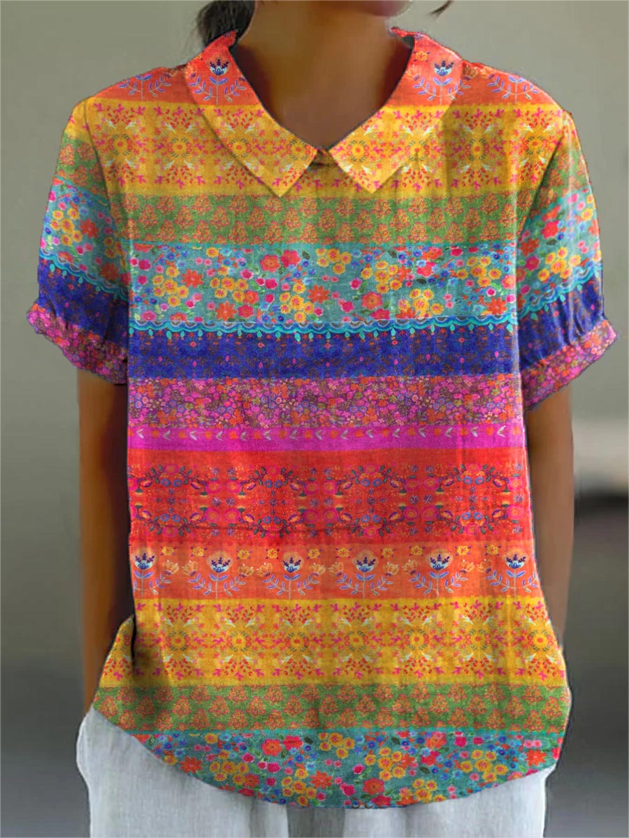 Striped Floral Print Collared Short Sleeve Blouse 2