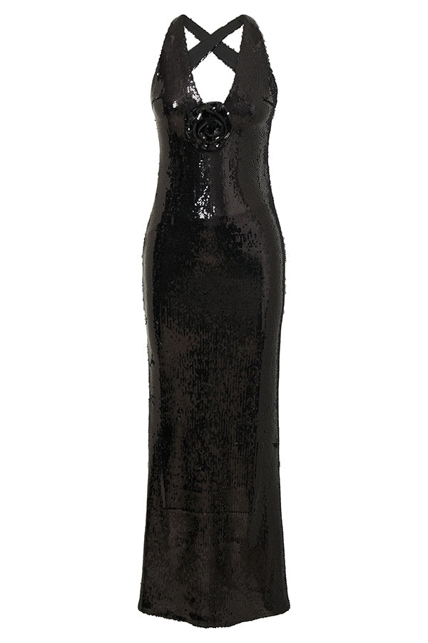 Sequin Halter Neck Floral Applique Backless Mermaid Maxi Dress - View 18
