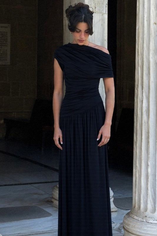 One Shoulder Ruched Draped Flowy Maxi Dress - View 4