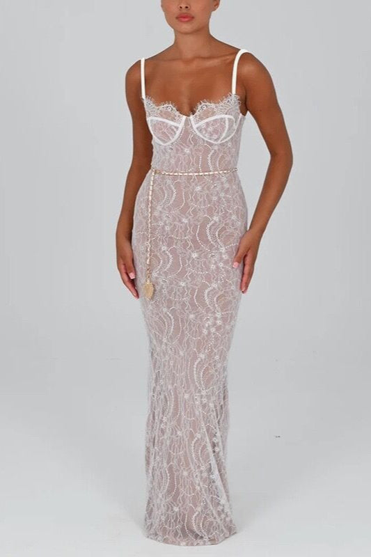 Lace Sweetheart Spaghetti Strap Sheer Mermaid Maxi Dress - View 6