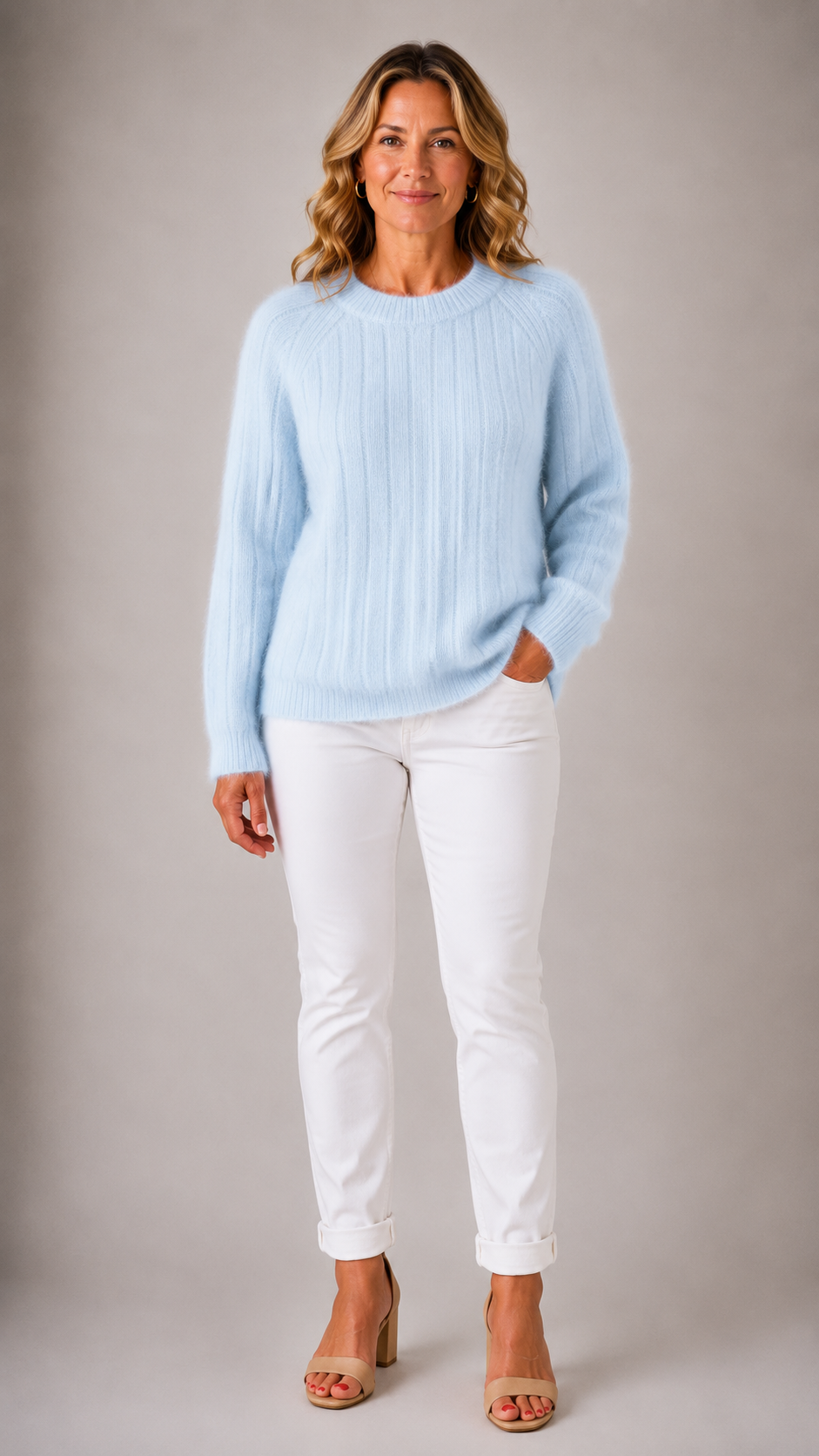 Crew Neck Ribbed Fluffy Knit Long Sleeve Sweater