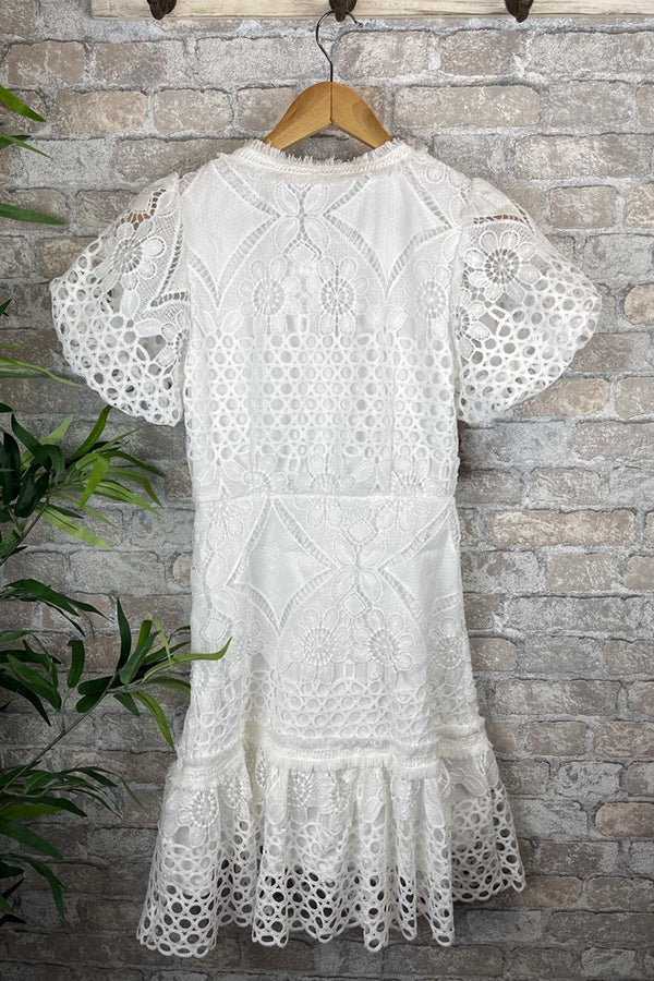 Gilda Crochet Lace Puff Sleeve Button Mini Dress - View 6