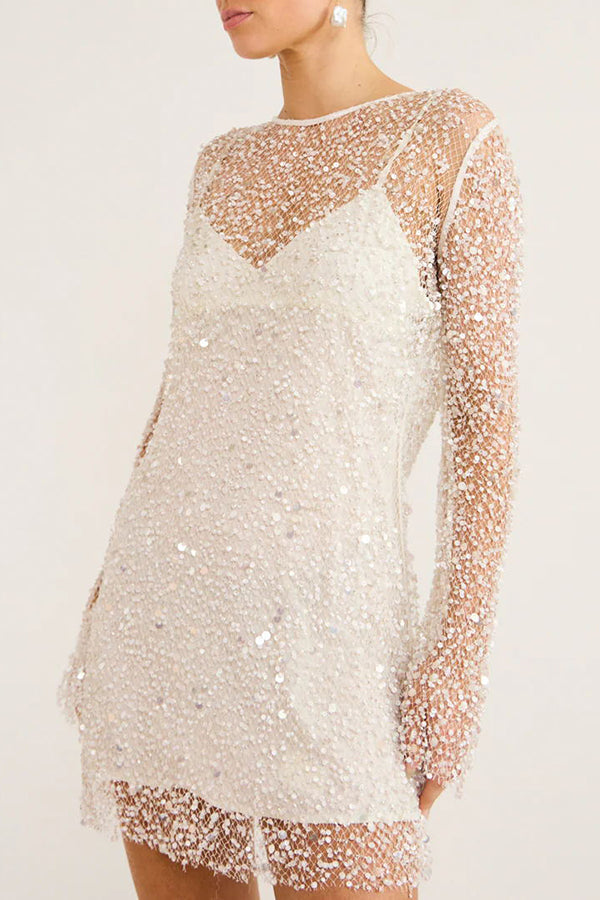Sequin Pearl Long Sleeve Sheer Mini Dress - View 3