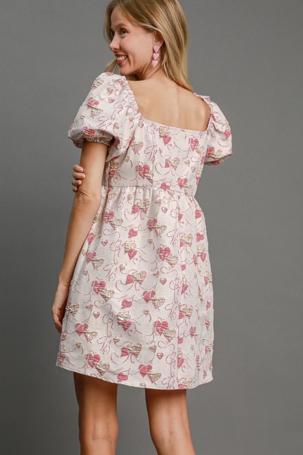 Jacquard Square Neck Puff Sleeve Babydoll Mini Dress - View 2