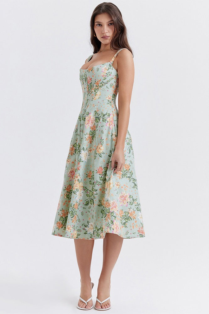 Floral Print Sweetheart Corset A-Line Midi Dress - View 9