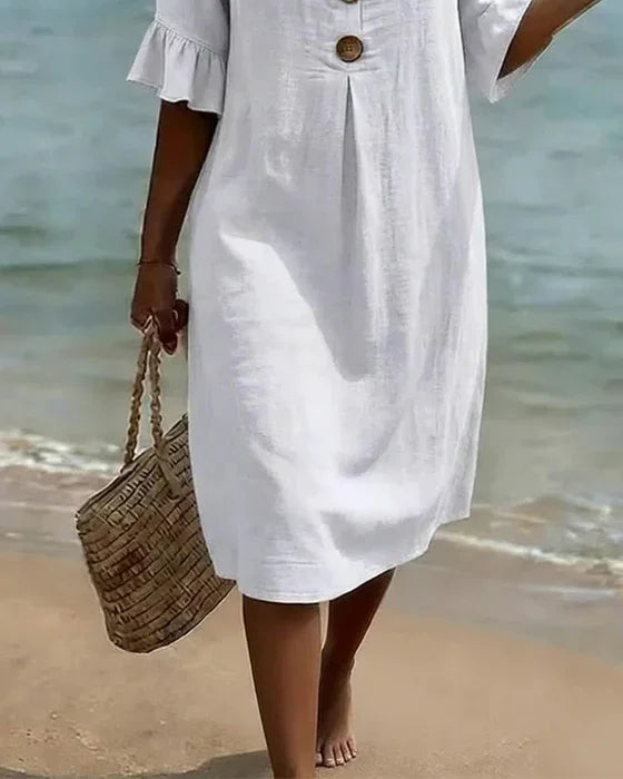 V-Neck Button Front Ruffle Sleeve Midi Dress 3