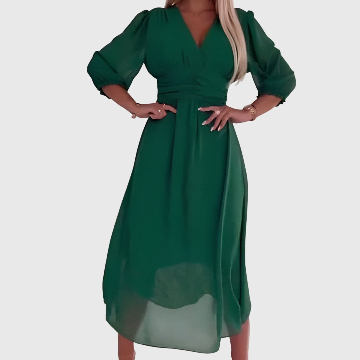 V-Neck Balloon Sleeve Ruched Waist Chiffon Midi Dress 4