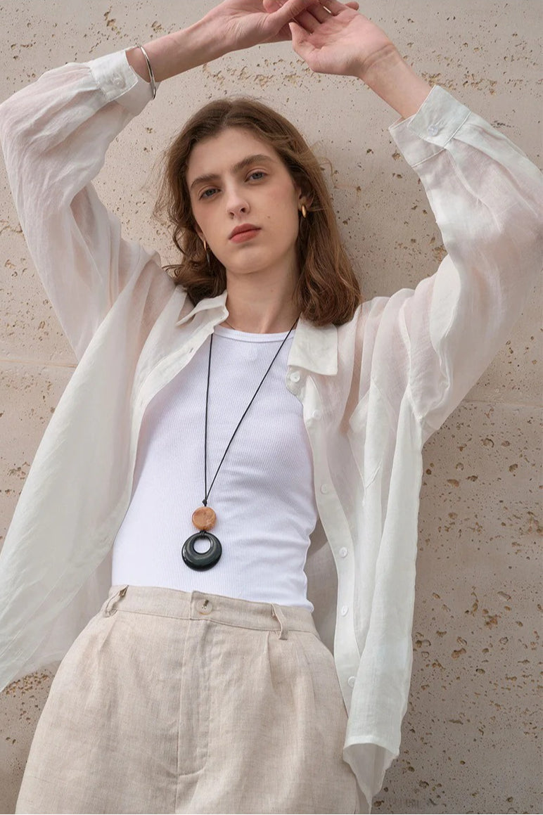 Sheer Linen Collared Long Sleeve Top