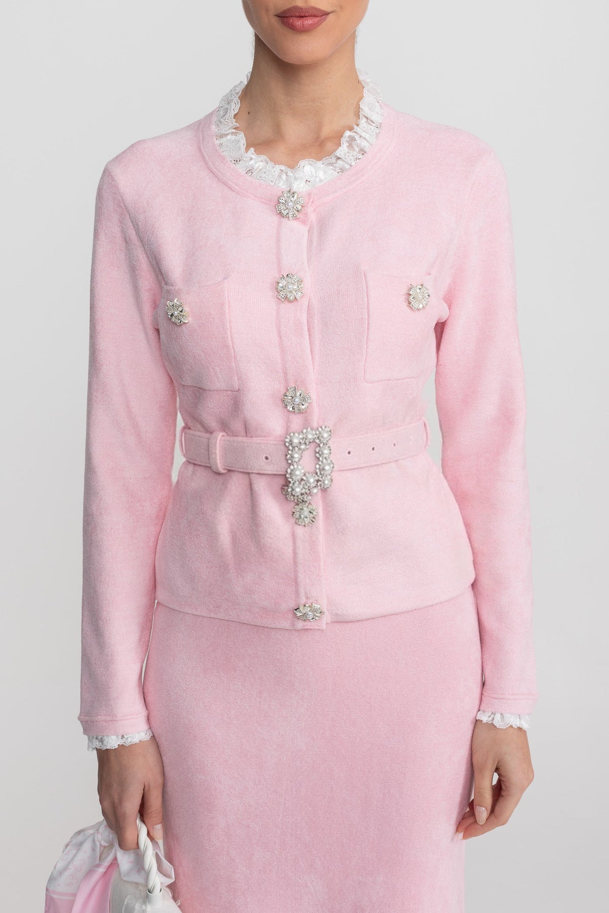 Long Sleeve Co-Ord With Fitted Knit Bodice And Crystal Button Detail - Blush Pink - View 4