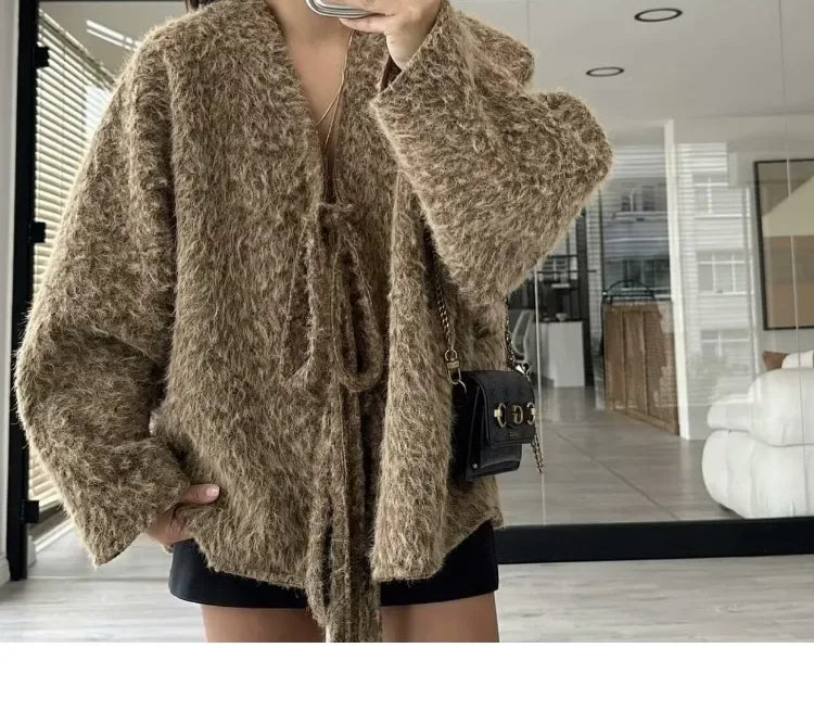 Lace-Up Bow Brown Cardigan Khaki / S Cardigan-241208