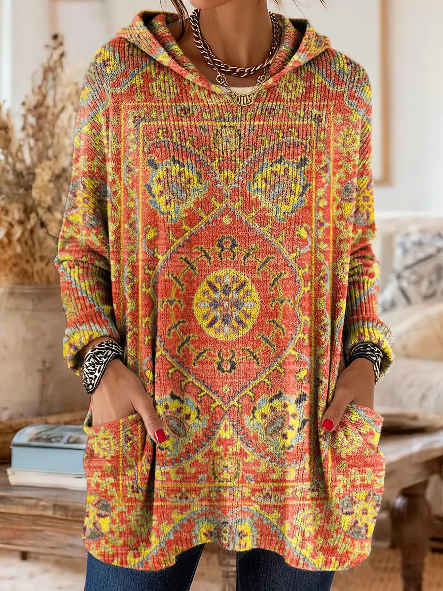 Medallion Print Hooded Oversized Tunic Sweater 3