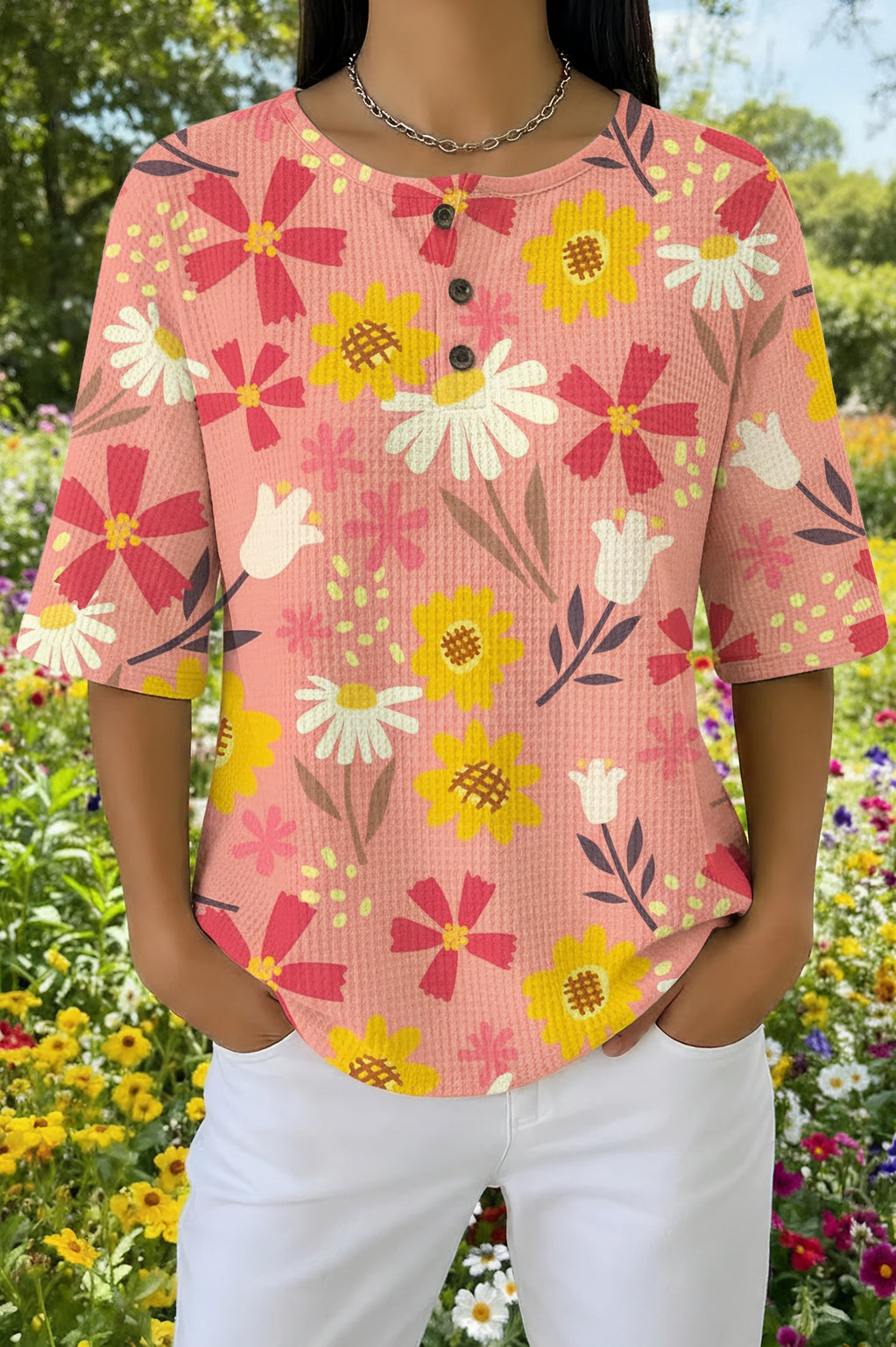 Wildflower Print Waffle Knit Button Henley Short Sleeve Top