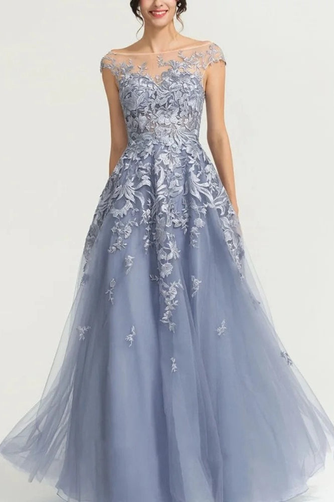 Cap Sleeve Illusion Floral Lace A-Line Tulle Gown