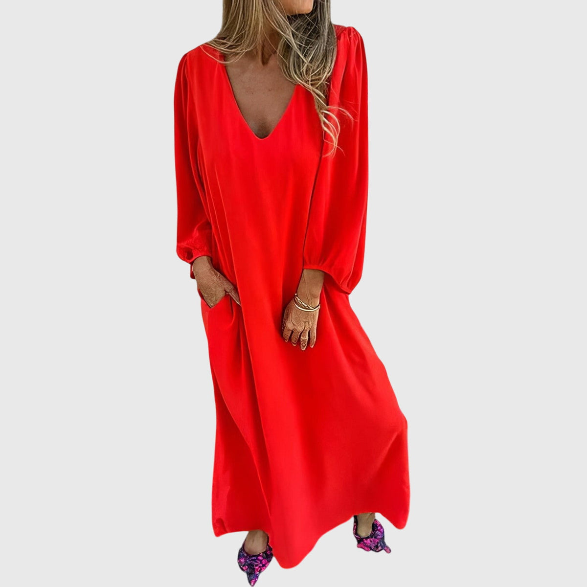 Satin V-Neck Lantern Sleeve Side Split Maxi Dress 5