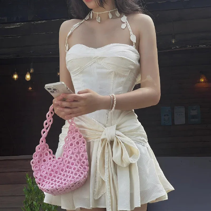 Halter Neck Bustier Bow Front Ruffle Mini Dress