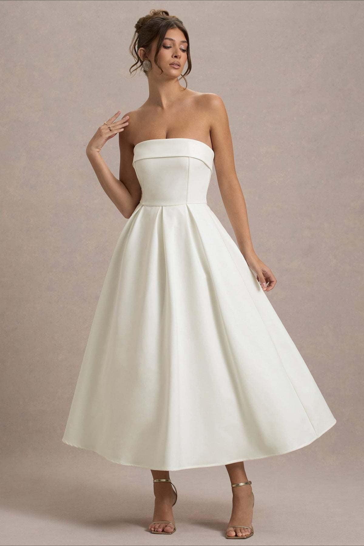 Strapless Fold Over Neck Box Pleat A-Line Midi Cocktail Dress - View 6